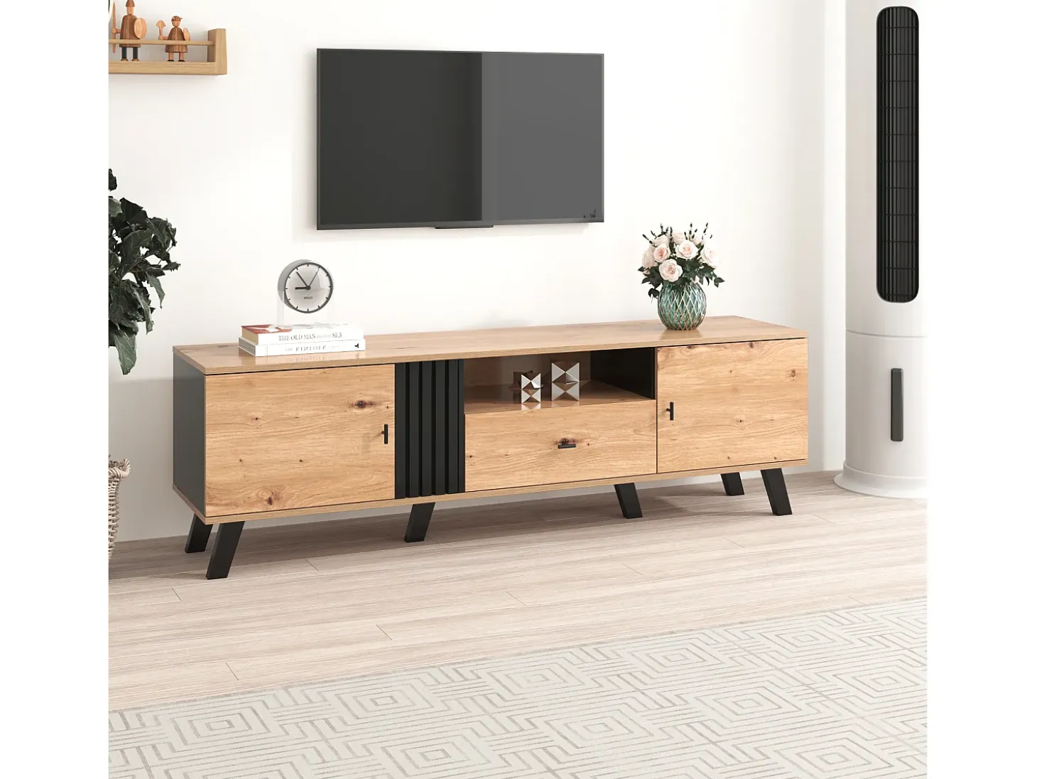 Móvel de TV de 170 cm com 2 portas e 1 gaveta - aglomerado - cores: preto e madeira natural