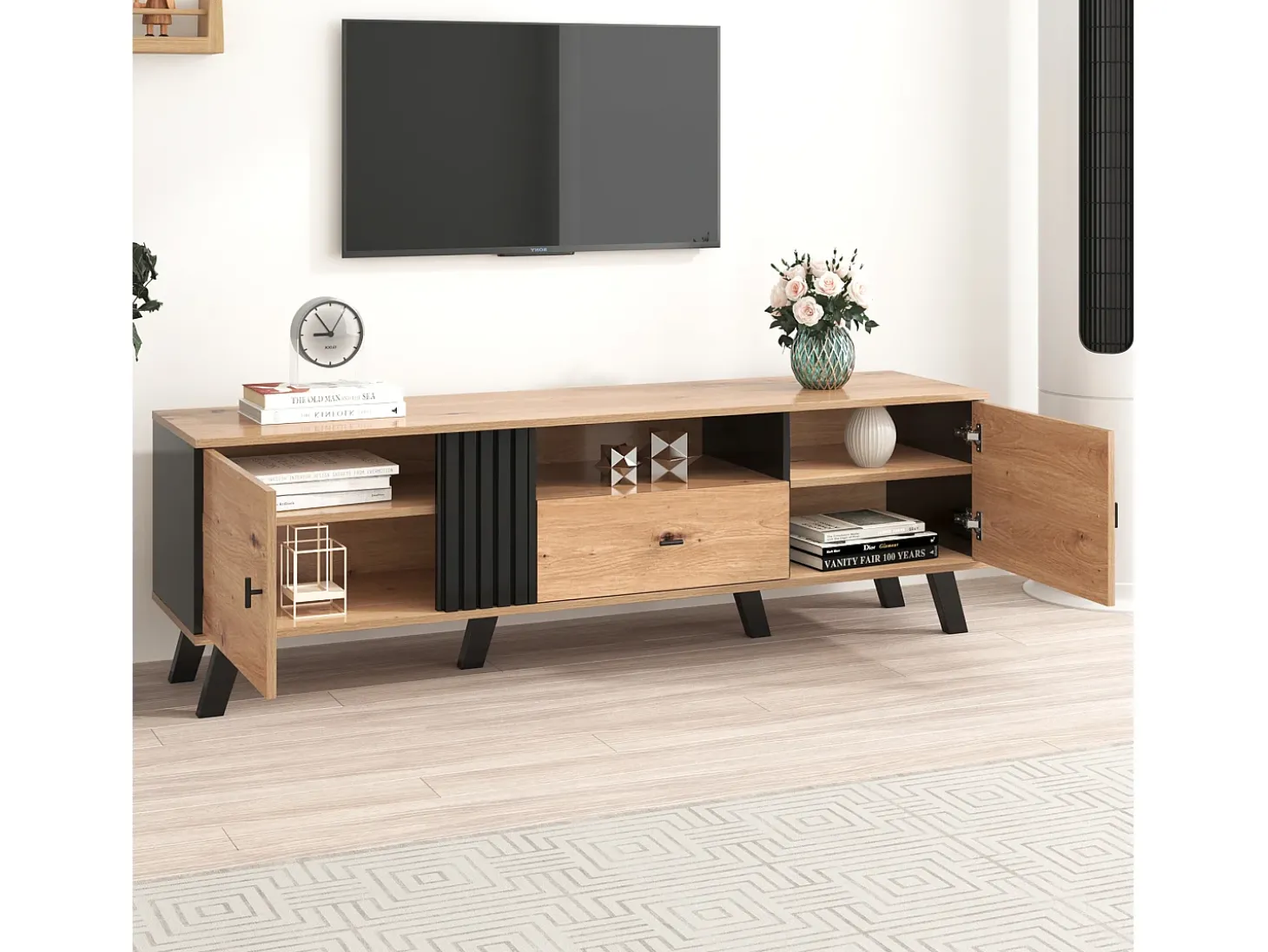 Móvel de TV de 170 cm com 2 portas e 1 gaveta - aglomerado - cores: preto e madeira natural