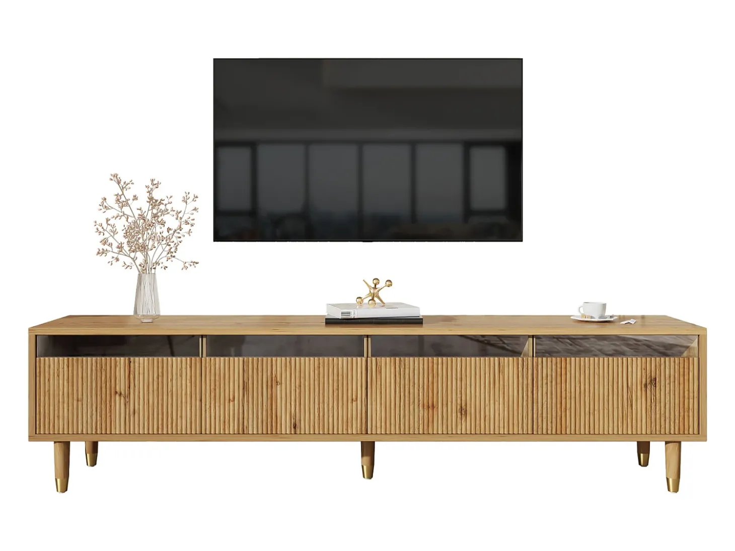 Móvel de TV de 178 cm com visual minimalista de madeira e quatro gavetas. Em MDF e acrílico, resistente e elegante para a sala de estar.