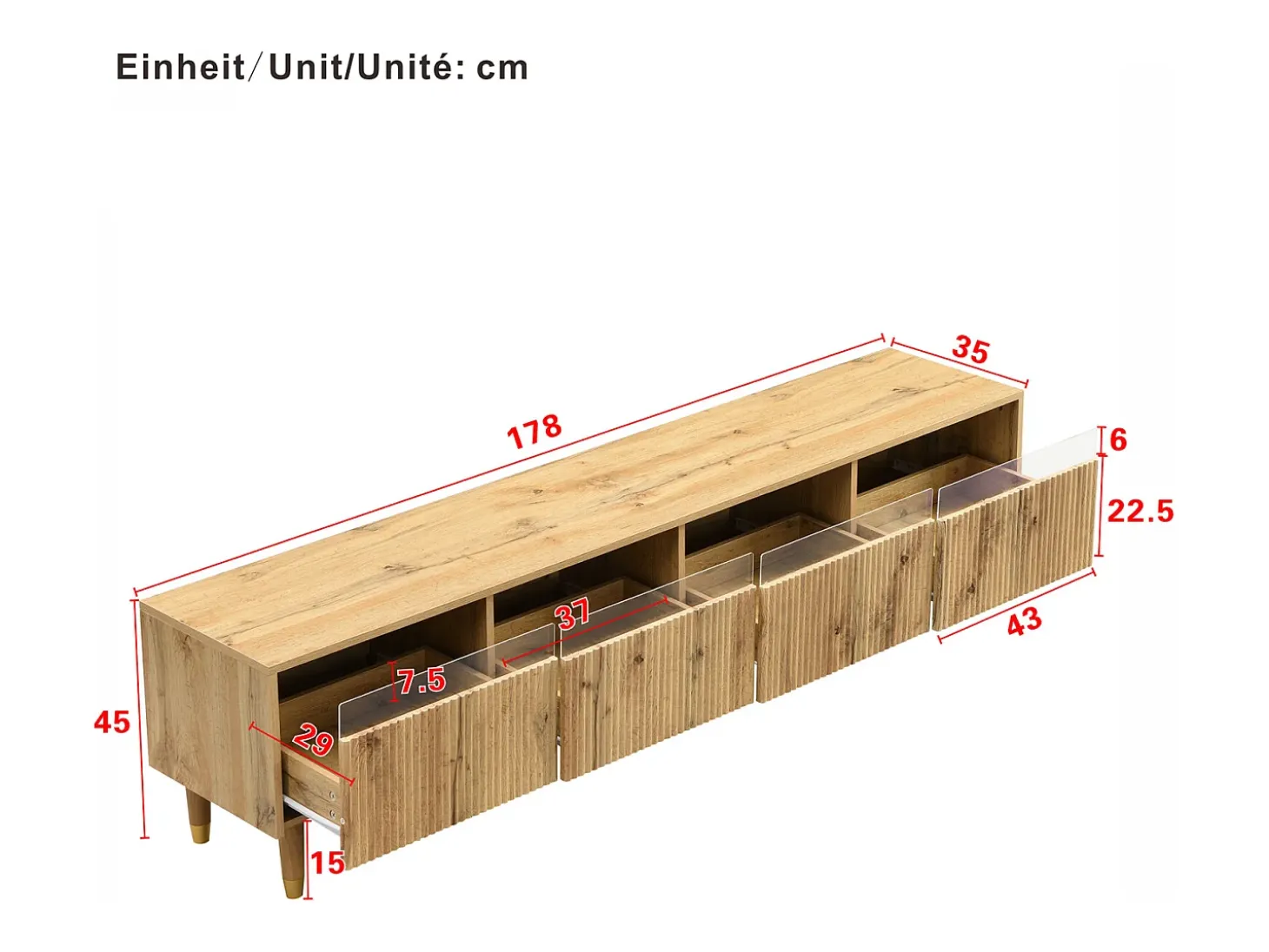Móvel de TV de 178 cm com visual minimalista de madeira e quatro gavetas. Em MDF e acrílico, resistente e elegante para a sala de estar.