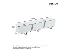 Móvel de TV de parede - 180 x 35 x 30 cm - com LEDs + 3 portas - para TV de 75 polegadas - Aglomerado + Acrílico - branco