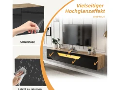 Móvel de TV de parede brilhante - 180 x 37 x 36 cm - com 3 portas + LEDs - para TVs de 75 polegadas - aglomerado - preto