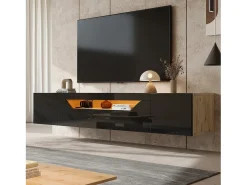 Móvel de TV de parede brilhante - 180 x 37 x 36 cm - com 3 portas + LEDs - para TVs de 75 polegadas - aglomerado - preto