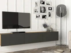 Móvel de TV de parede com 3 portas - Antracite e Natural Claro - VIKILA