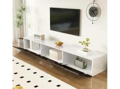 Móvel de TV de parede com 3 portas - 180 x 35 x 30 cm - LEDs - MDF e aglomerado - Branco brilhante e preto