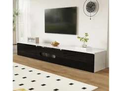 Móvel de TV de parede com 3 portas - 180 x 35 x 30 cm - LEDs - MDF e aglomerado - Branco brilhante e preto