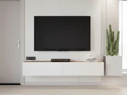 Móvel de TV de parede com 2 portas - Branco e natural - AUBEPINA