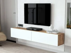 Móvel de TV de parede com 2 portas - Branco e natural - AUBEPINA