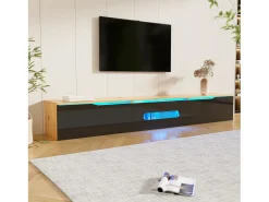 Móvel de TV de parede com 3 portas - 180 x 35 x 30 cm - LEDs - MDF e aglomerado - Preto natural e brilhante
