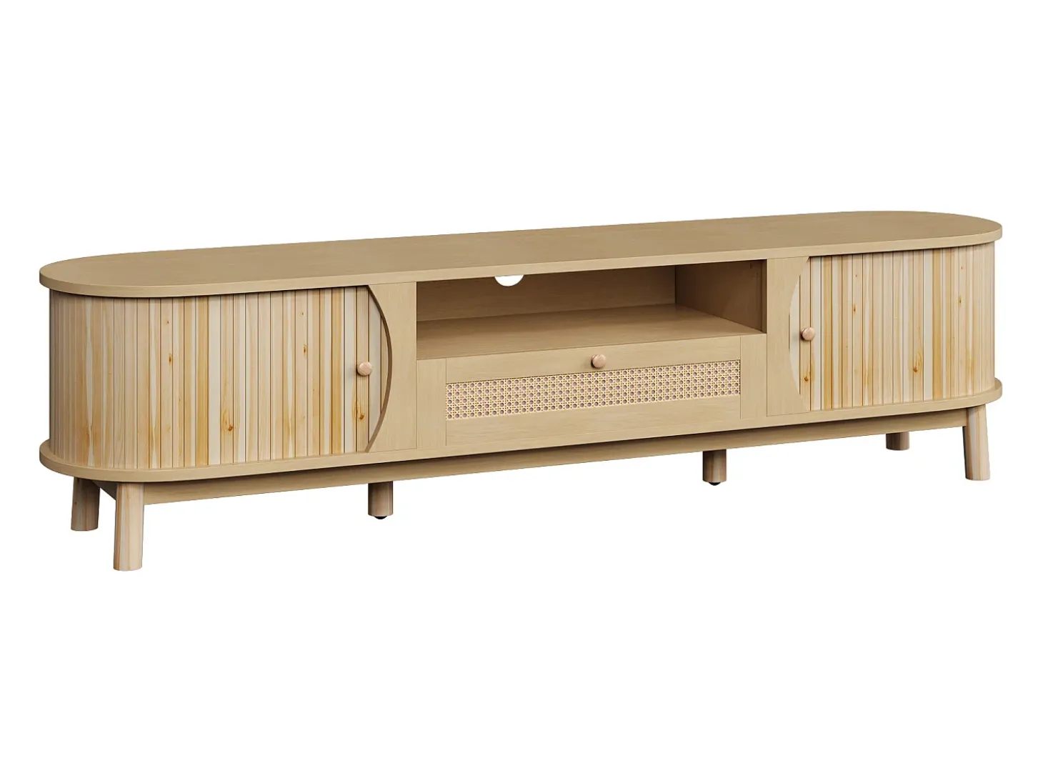 Móvel de TV de rattan 165x37x46 cm - 2 portas e 1 gaveta de rattan - Estilo rústico - MDF - Natural