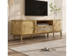 Móvel de TV de rattan 165x37x46 cm - 2 portas e 1 gaveta de rattan - Estilo rústico - MDF - Natural