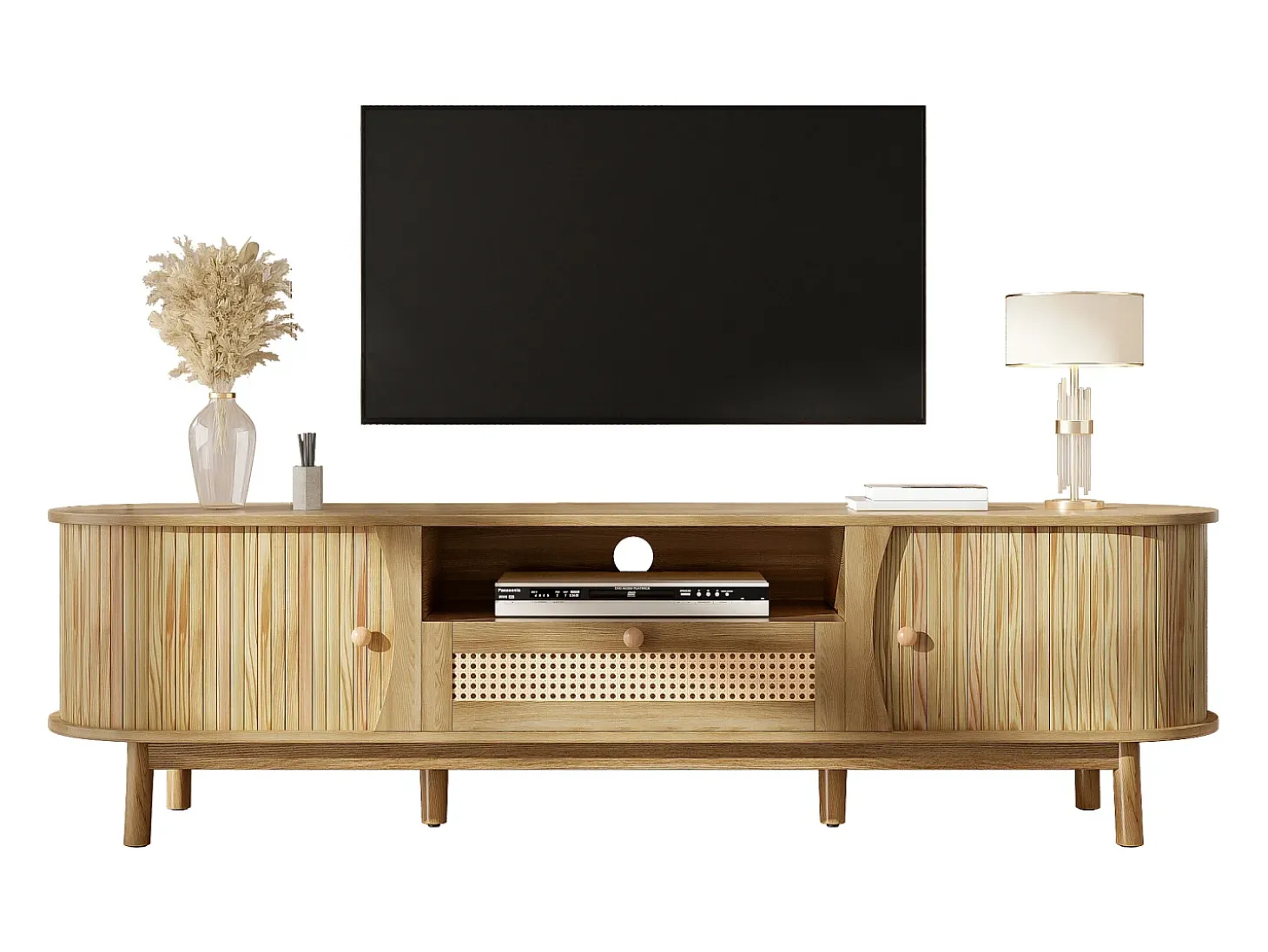 Móvel de TV de rattan 165x37x46 cm - 2 portas e 1 gaveta de rattan - Estilo rústico - MDF - Natural