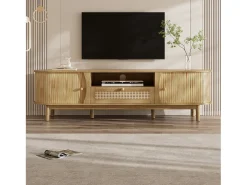 Móvel de TV de rattan 165x37x46 cm - 2 portas e 1 gaveta de rattan - Estilo rústico - MDF - Natural