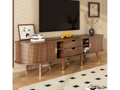 Móvel de TV de vime com porta de correr - 175 x 38 x 45 cm - com 2 gavetas - MDF - natural