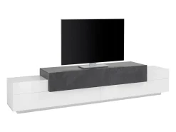 Móvel de TV Dlamann, Aparador baixo de sala, base de móvel de TV, 100% Fabricado em Itália, 240x45h52 cm, Branco brilhante e ardósia