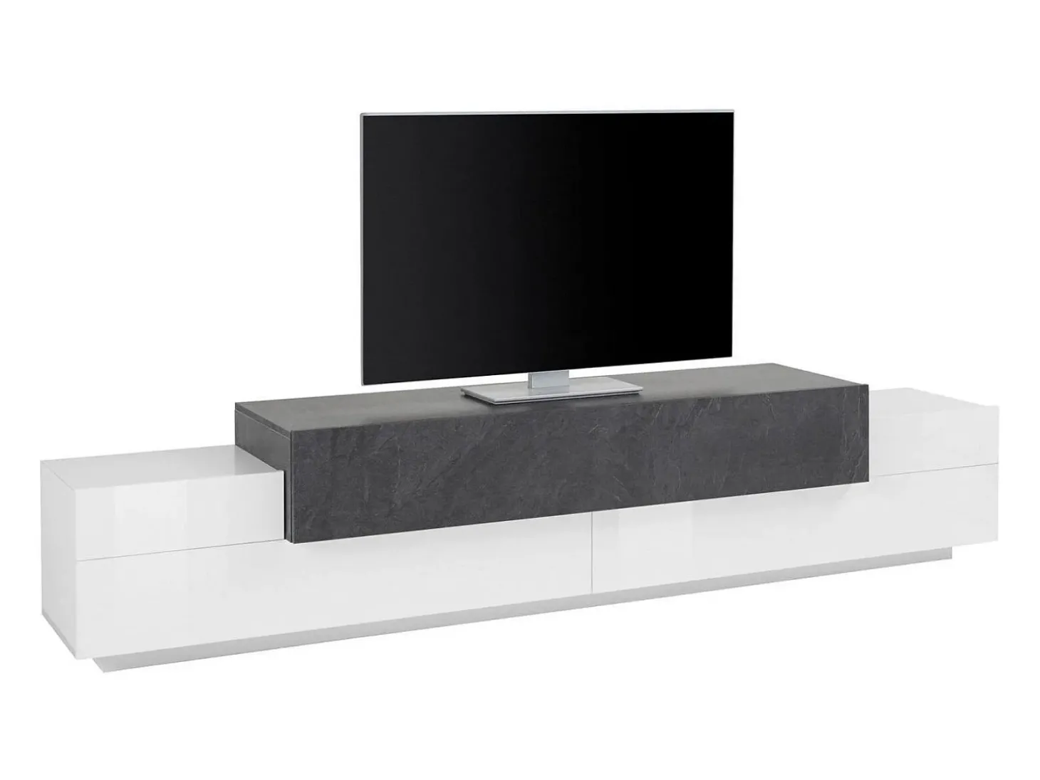 Móvel de TV Dlamann, Aparador baixo de sala, base de móvel de TV, 100% Fabricado em Itália, 240x45h52 cm, Branco brilhante e ardósia