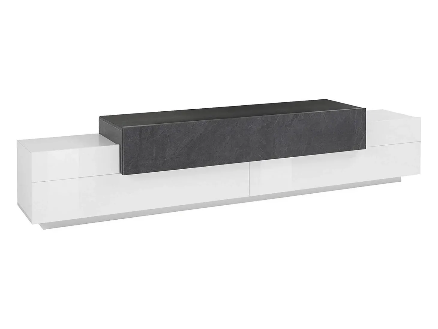 Móvel de TV Dlamann, Aparador baixo de sala, base de móvel de TV, 100% Fabricado em Itália, 240x45h52 cm, Branco brilhante e ardósia
