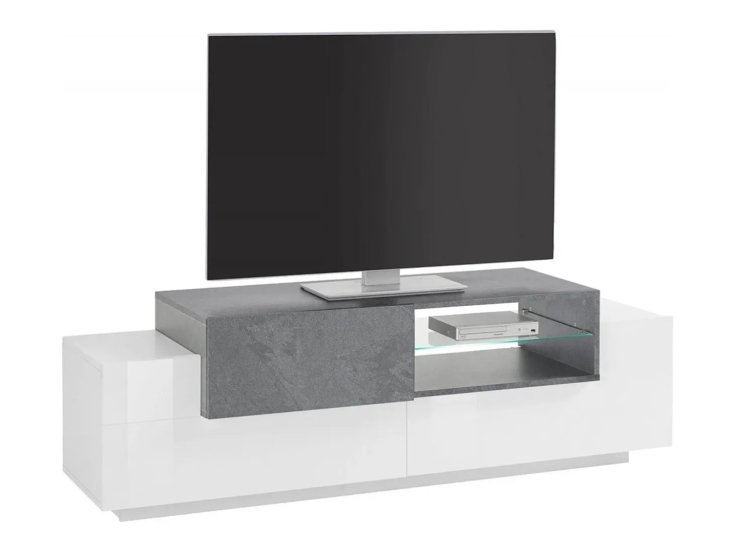 Móvel de TV Dlodrin, aparador baixo da sala, base de móvel de TV, 100% Fabricado na Itália, 160x45h51 cm, Branco brilhante e ardósia