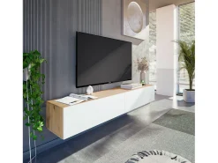 Móvel de TV Dmussi, móvel de TV de 2 portas, móvel de sala suspenso, 180x35h28 cm, Knot Oak e Branco Brilhante