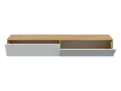Móvel de TV Dmussi, móvel de TV de 2 portas, móvel de sala suspenso, 180x35h28 cm, Knot Oak e Branco Brilhante
