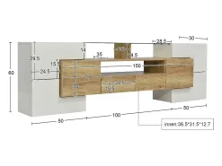 Móvel de TV elegante, modelo baixo, branco brilhante, 200 cm, iluminação LED, design moderno, superfície de vidro.