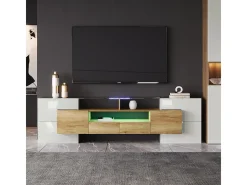 Móvel de TV elegante, modelo baixo, branco brilhante, 200 cm, iluminação LED, design moderno, superfície de vidro.