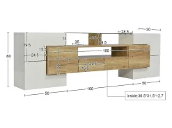 Móvel de TV elegante, modelo baixo, branco brilhante, 200 cm, iluminação LED, design moderno, superfície de vidro.