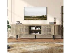 Móvel de TV em madeira vazada - 160 x 40 x 47 cm - com 2 portas + prateleira - para TVs de 65 polegadas - MDF - cor natural