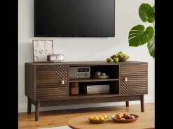 Móvel de TV em nogueira com 2 portas e arrumação aberta, estilo retro 110x40x48cm