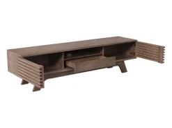 Móvel de TV em nogueira escura com 2 portas e 1 gaveta, design de porta de ripas de madeira 150x35x44cm