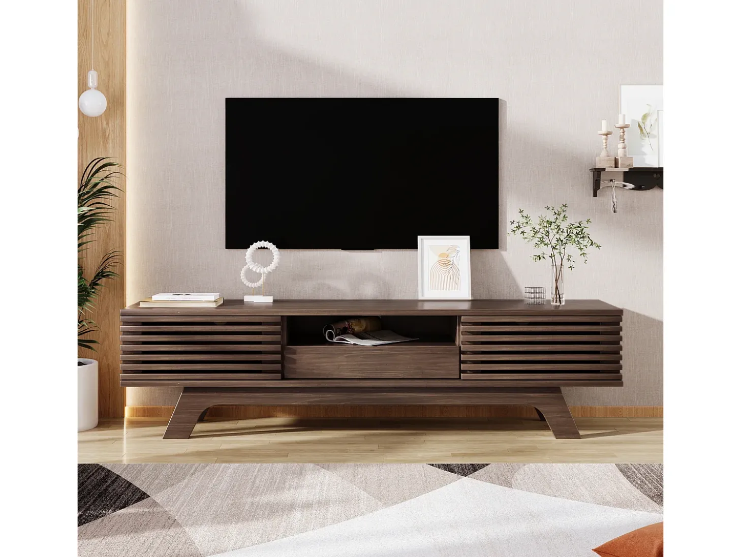 Móvel de TV em nogueira escura com 2 portas e 1 gaveta, design de porta de ripas de madeira 150x35x44cm