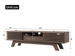 Móvel de TV em nogueira escura com 2 portas e 1 gaveta, design de porta de ripas de madeira 150x35x44cm