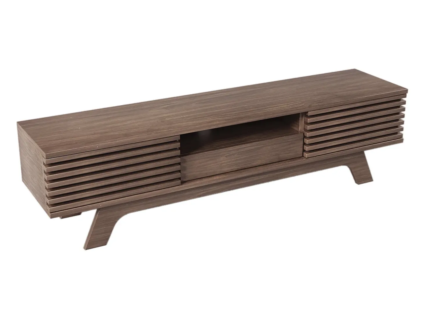 Móvel de TV em nogueira escura com 2 portas e 1 gaveta, design de porta de ripas de madeira 150x35x44cm