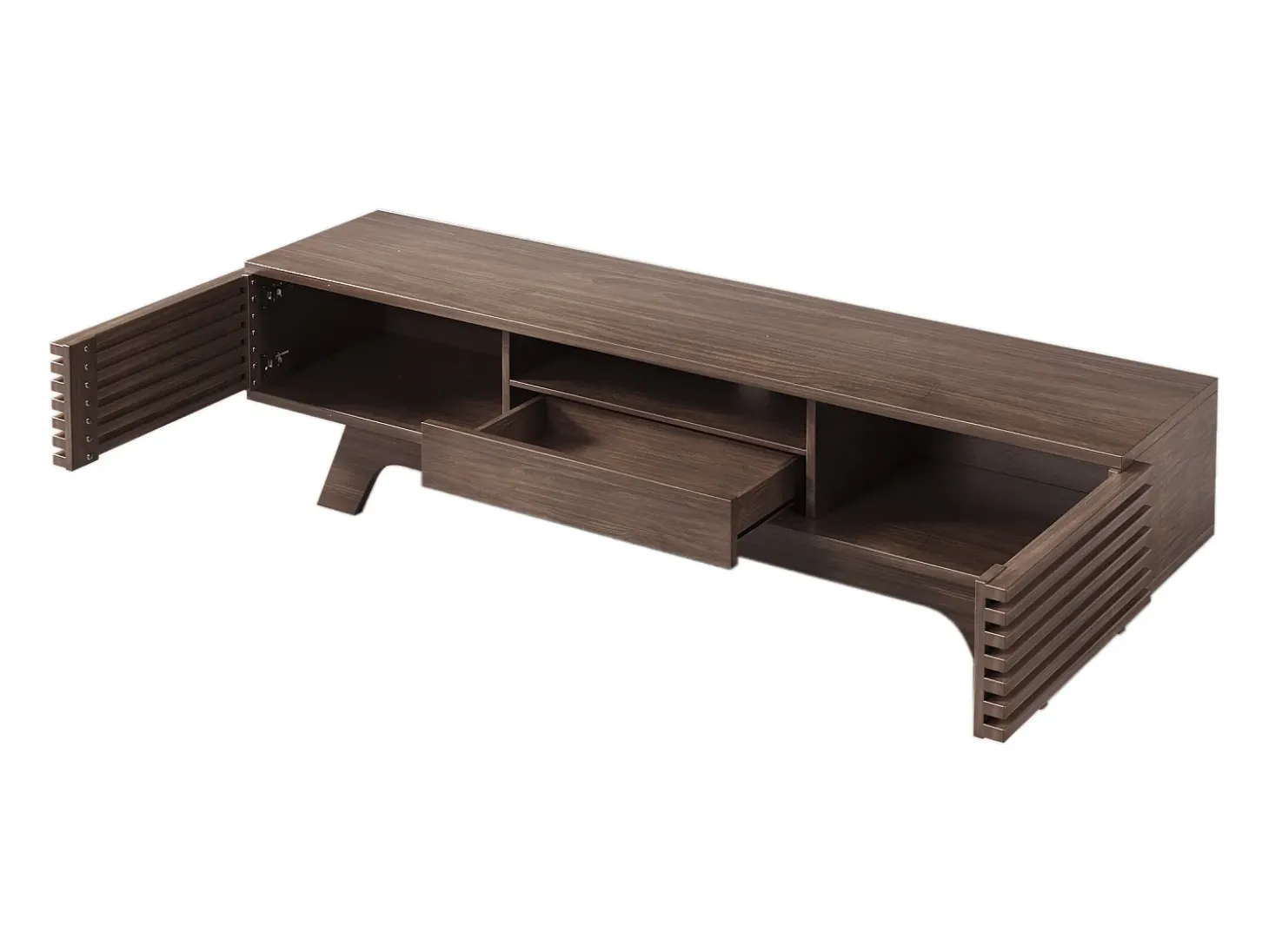 Móvel de TV em nogueira escura com 2 portas e 1 gaveta, design de porta de ripas de madeira 150x35x44cm