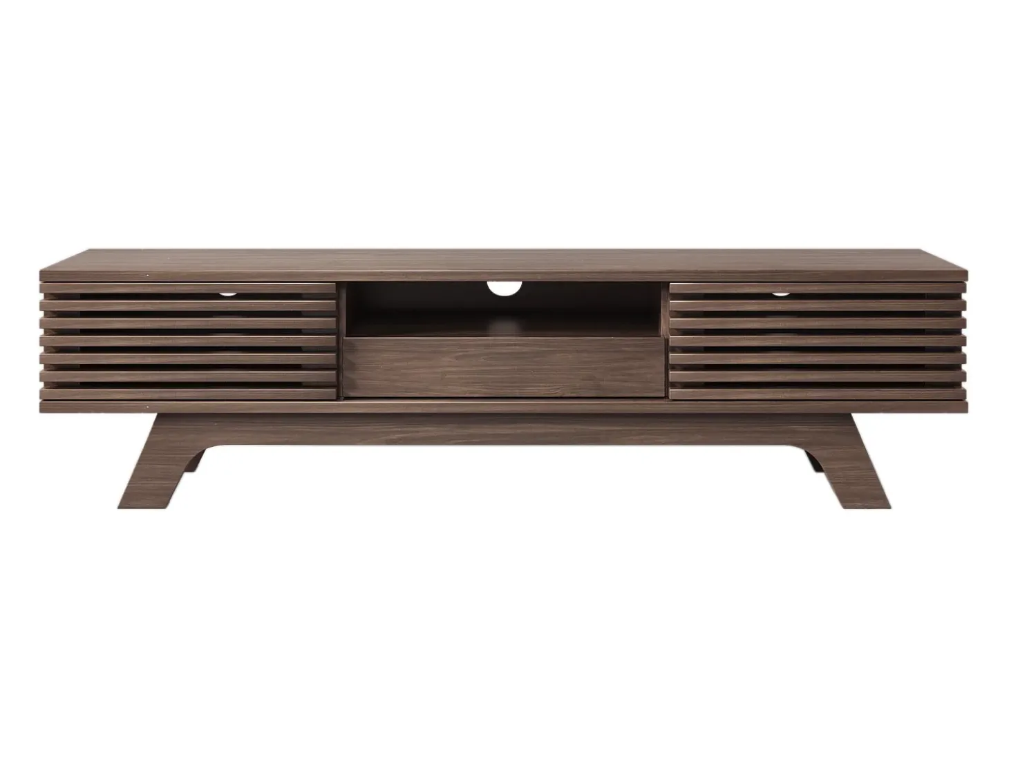 Móvel de TV em nogueira escura com 2 portas e 1 gaveta, design de porta de ripas de madeira 150x35x44cm