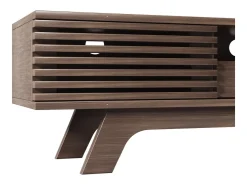 Móvel de TV em nogueira escura com 2 portas e 1 gaveta, design de porta de ripas de madeira 150x35x44cm