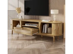 Móvel de TV em rattan - 165 x 37 x 46 cm - com 2 portas + 1 gaveta + prateleira - frente baixa - MDF - cor natural