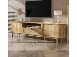 Móvel de TV em rattan - 165 x 37 x 46 cm - com 2 portas + 1 gaveta + prateleira - frente baixa - MDF - cor natural