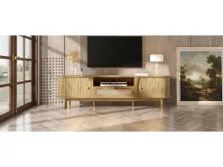 Móvel de TV em rattan - 165 x 37 x 46 cm - com 2 portas + 1 gaveta + prateleira - frente baixa - MDF - cor natural