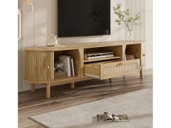 Móvel de TV em rattan - 165 x 37 x 46 cm - com 2 portas + 1 gaveta + prateleira - frente baixa - MDF - cor natural
