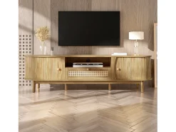 Móvel de TV em rattan - 165 x 37 x 46 cm - com 2 portas + 1 gaveta + prateleira - frente baixa - MDF - cor natural