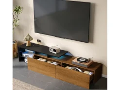 Móvel de TV, estiloso e elegante, com visual preto/madeira, prateleiras de vidro e iluminação LED. Espaço de armazenamento prático.