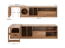 Móvel de TV giratório - 180(+80) x 40 x 51,5 cm - com área para gatos + portas - MDF - natural