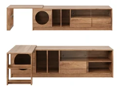 Móvel de TV giratório - 180(+80) x 40 x 51,5 cm - com área para gatos + portas - MDF - natural
