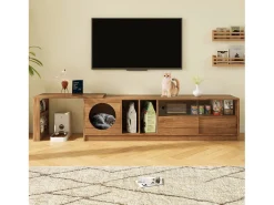 Móvel de TV giratório - 180(+80) x 40 x 51,5 cm - com área para gatos + portas - MDF - natural