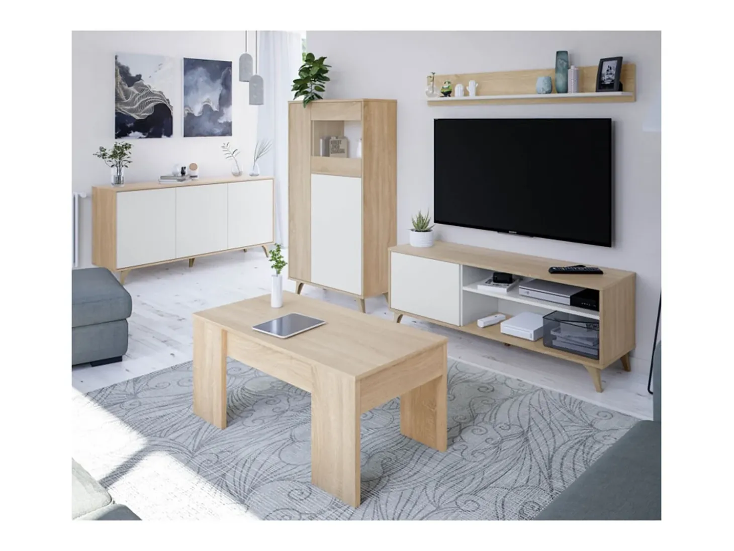Móvel de TV Kikua Plus 135 cm com prateleira em carvalho e branco para a sala de estar