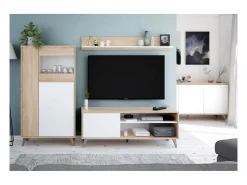 Móvel de TV Kikua Plus 135 cm com prateleira em carvalho e branco para a sala de estar