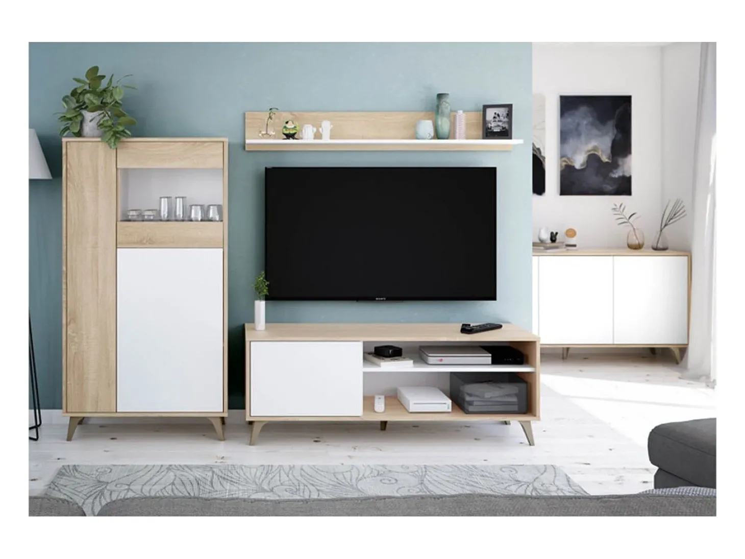 Móvel de TV Kikua Plus 135 cm com prateleira em carvalho e branco para a sala de estar