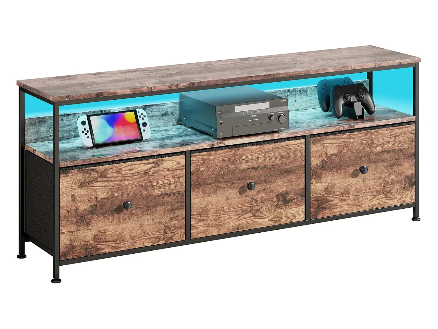 Móvel de TV LED com 3 gavetas, 137x30x57cm, aparador de TV retrô, gaveta cor pele de tigre