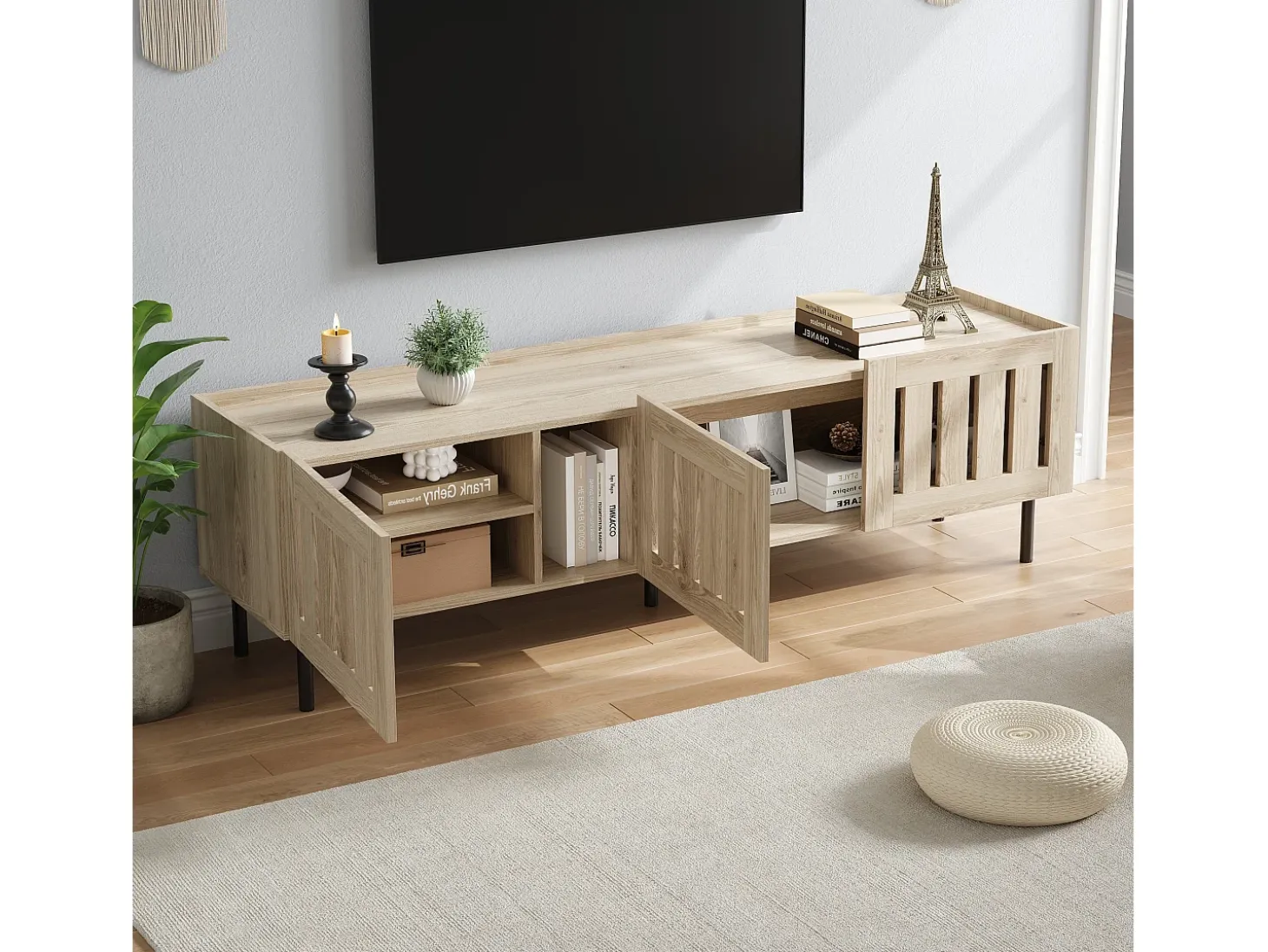 Móvel de TV minimalista e baixo - 160 x 40 x 47 cm - com design vazado + 3 portas - para TVs de 65 polegadas - MDF - cor natural